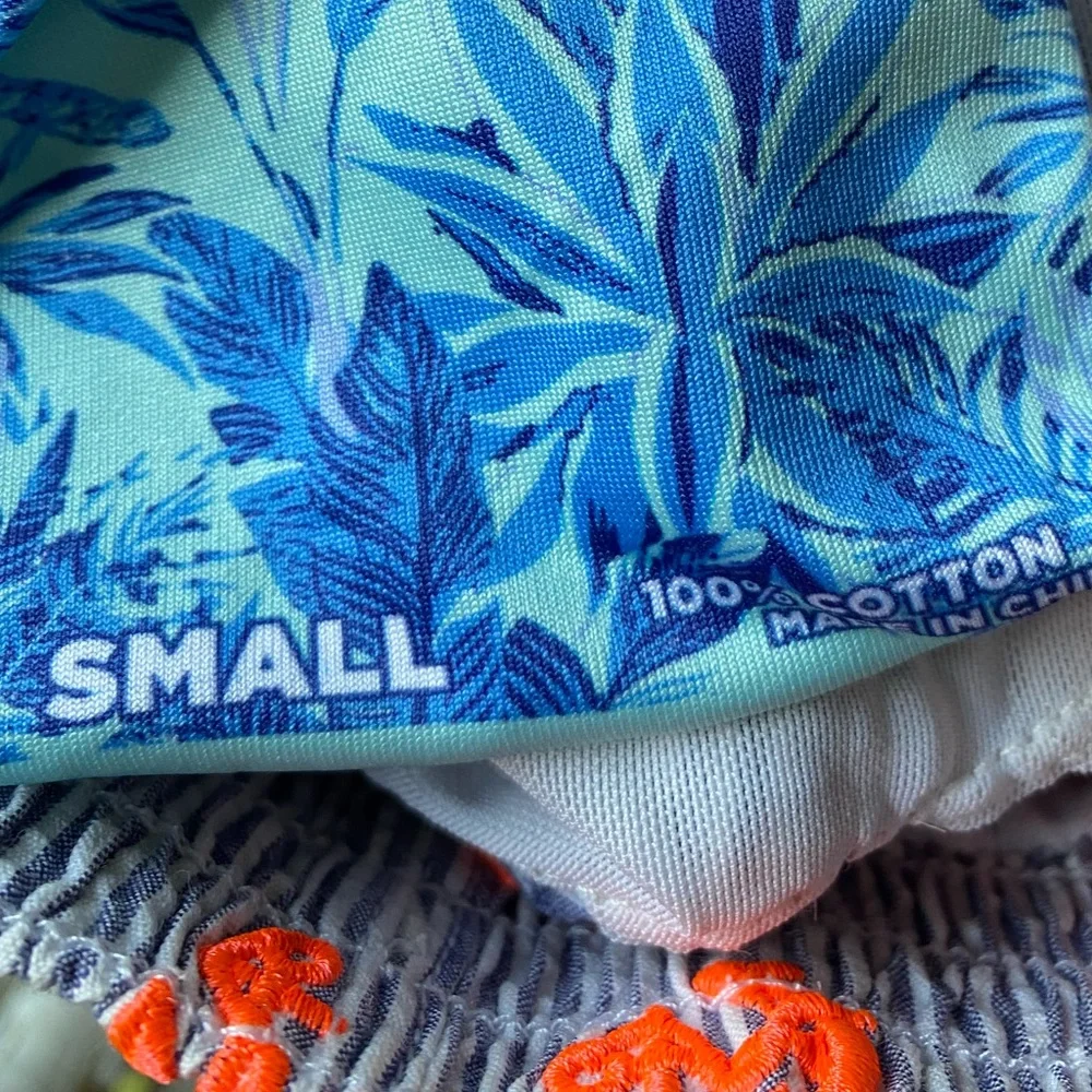 Chubbies Blue Seersucker 5.5” Inseam Swim Trunks with Orange Anchors, Size Small
